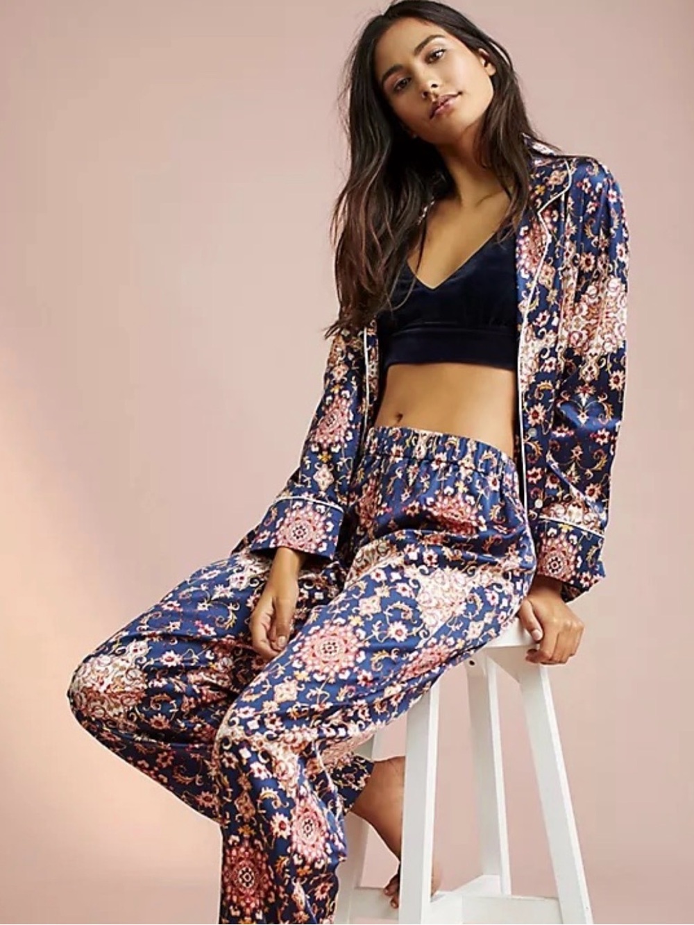 Maison Du Soir Navy Satin Pajama Top Pink Floral Print